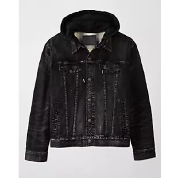Men’s American Eagle Hooded Flannel Lined Denim Trucker Jacket, XXXL, Black - Picture 1 of 10